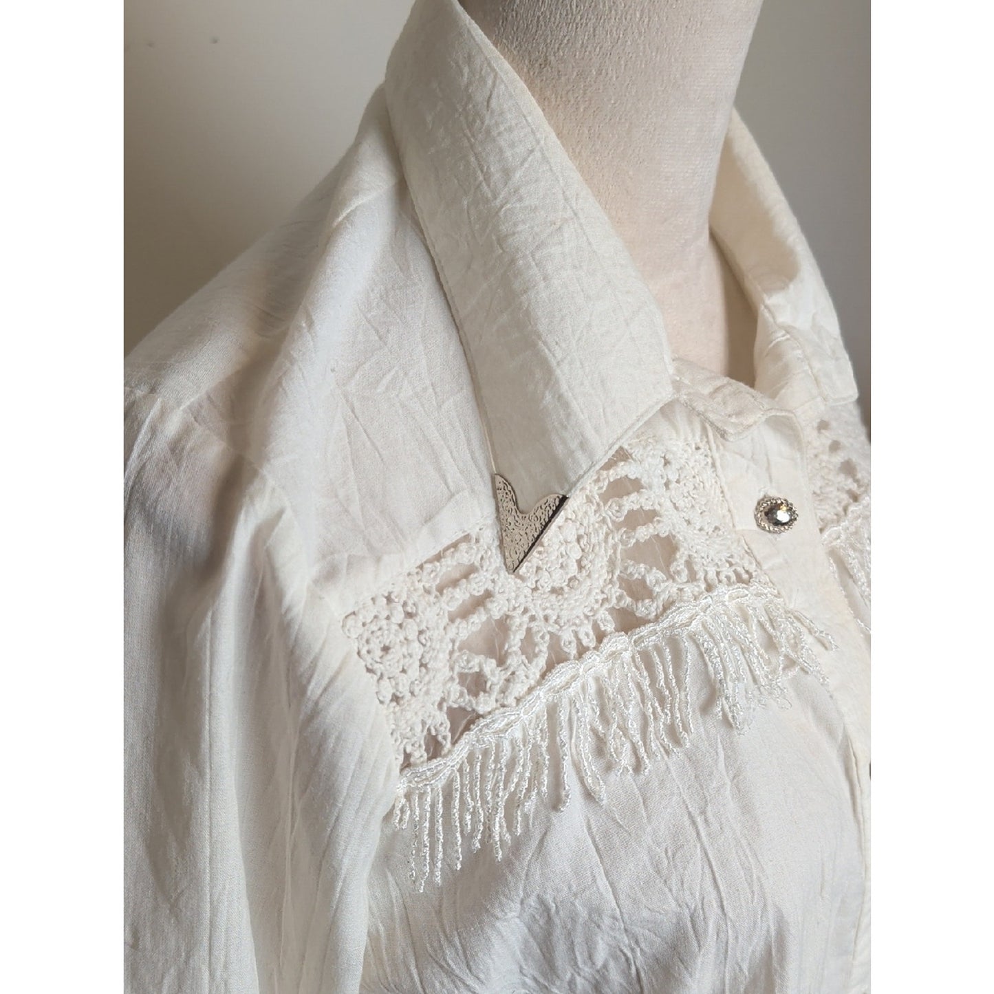 Vintage Lilia Smitty Western Fringe Blouse White Crochet Lace Fringe