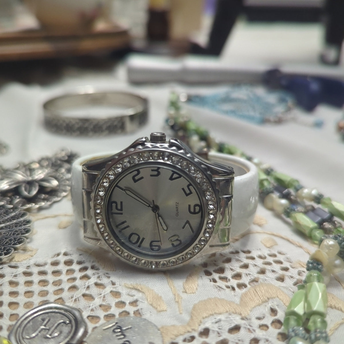 White Cuff Watch Rhinestone Bezel Statement Watch Oversized Face Fashion Watch