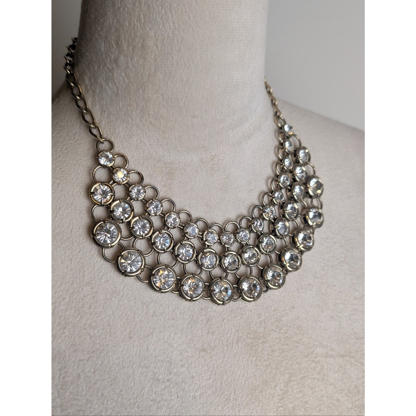 Vintage Crystal Multi-Row Statement Necklace - Gold Tone Glam
