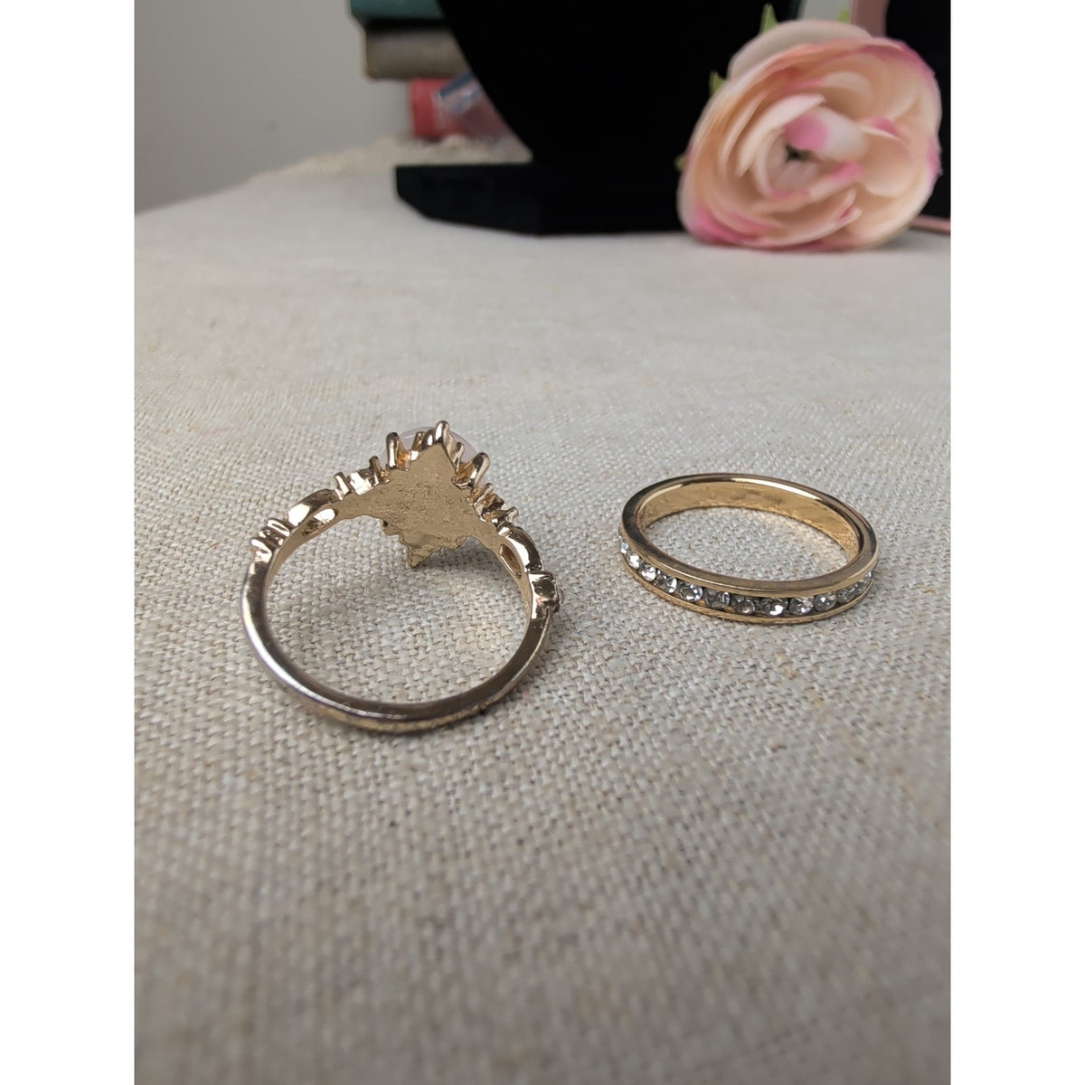 Pink Quartz Gold Tone Glass Rhinestone Ring Set Princess Storybook Size 7