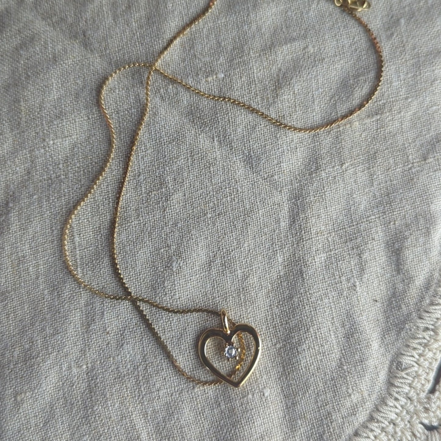 Vintage Gold Tone Heart Necklace Diamond Accent Made in Korea, 1980s