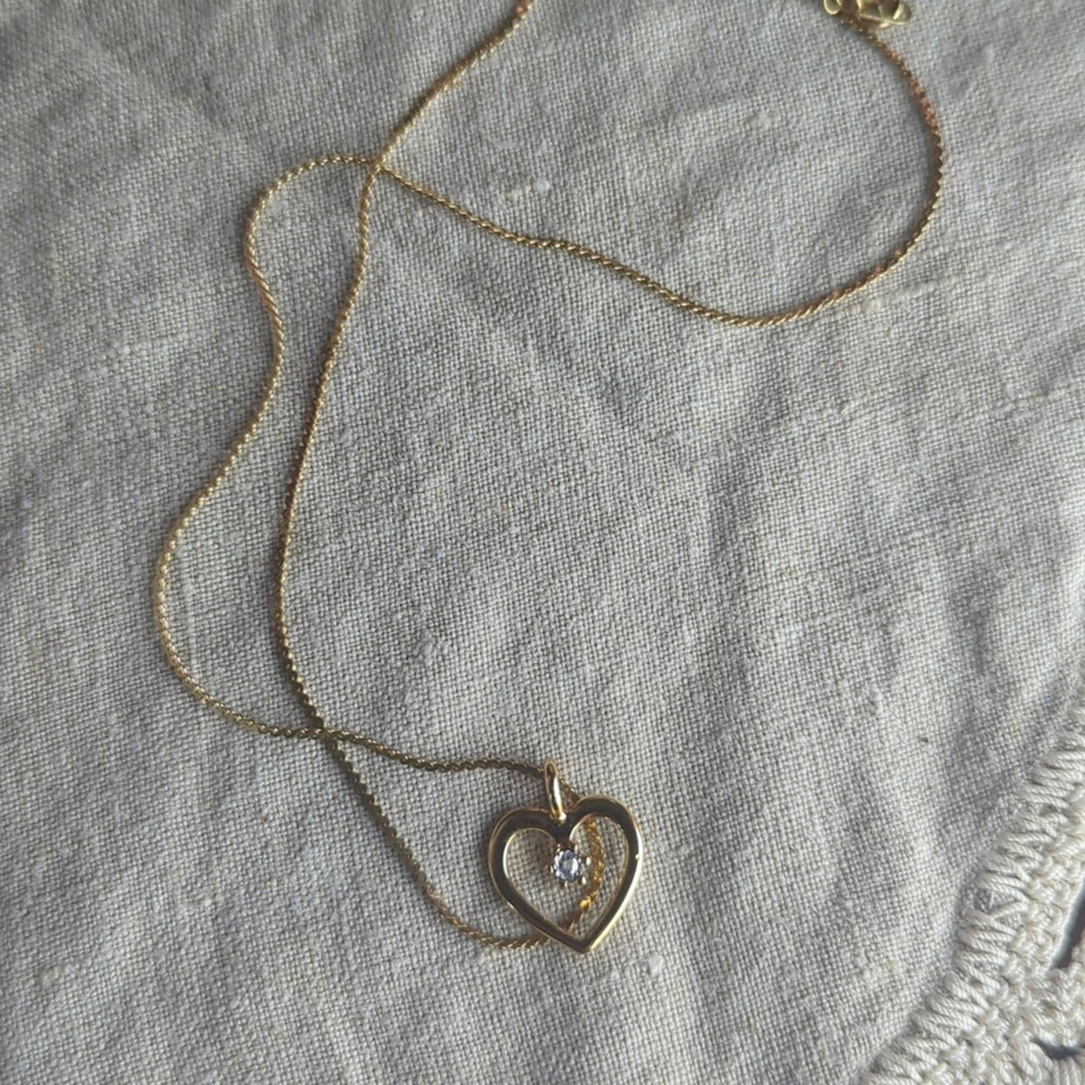 Vintage Gold Tone Heart Necklace Diamond Accent Made in Korea, 1980s
