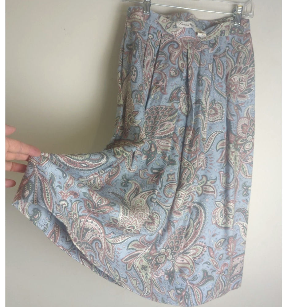 Boho Romantic Vintage Paisley Pleated Midi Skirt Women's Size 8