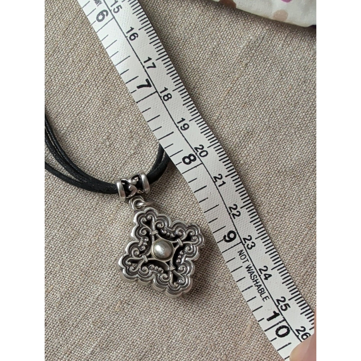 Brighton Silver Plated Scroll Pendant Black Cord Necklace + Floral Pouch