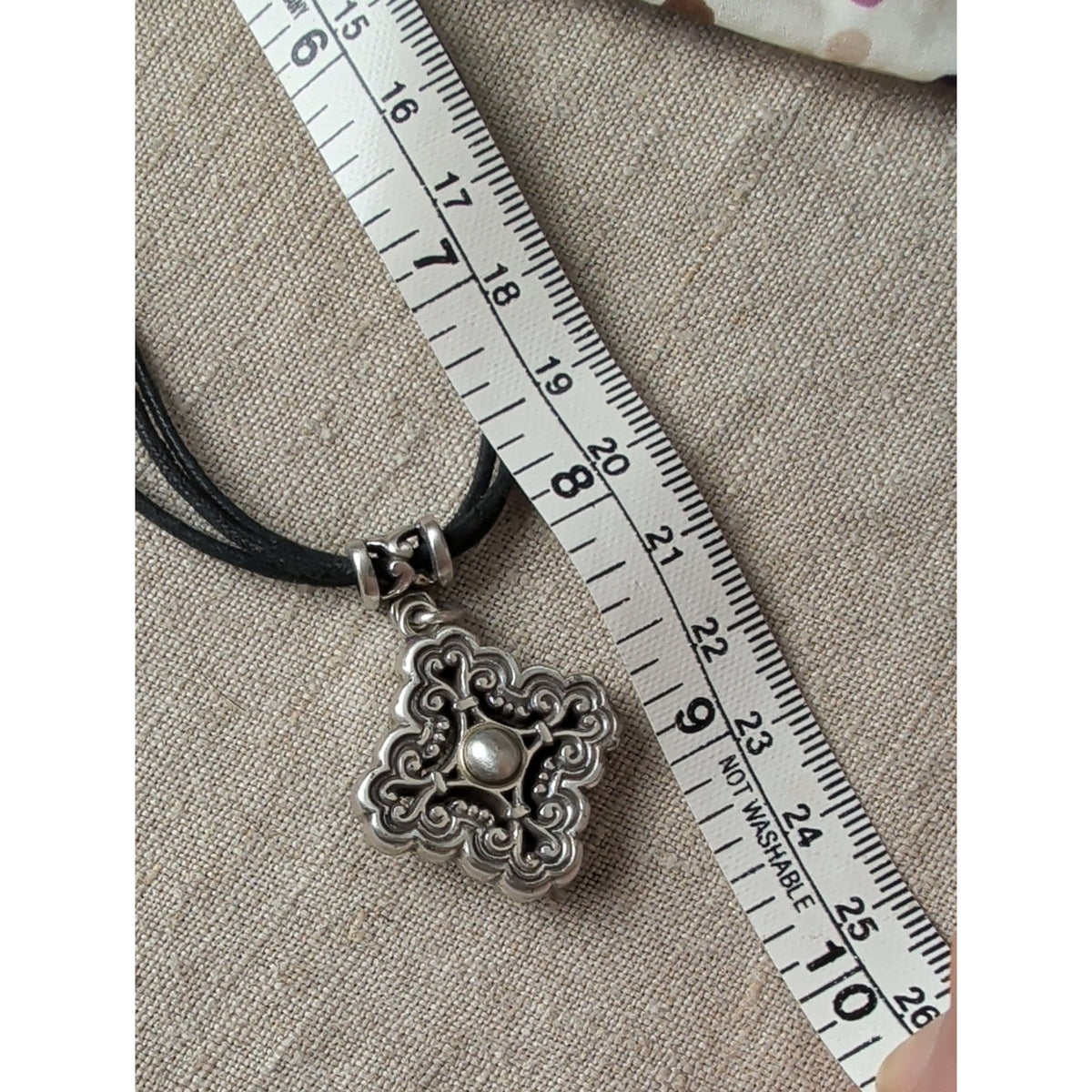 Brighton Silver Plated Scroll Pendant Black Cord Necklace + Floral Pouch