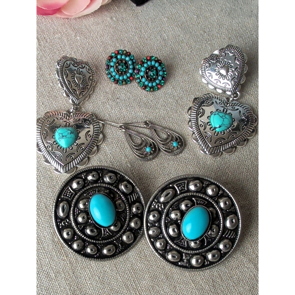 Southwestern Boho Earring Lot of 4 Pairs Turquoise Blue & Silver Tone