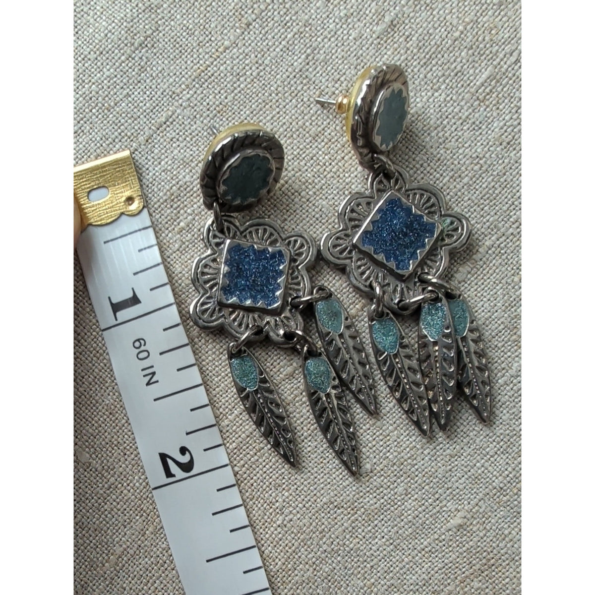 Vintage Edgar Berebi Signed Blue Enamel Feather Dangle Earrings Boho Statement