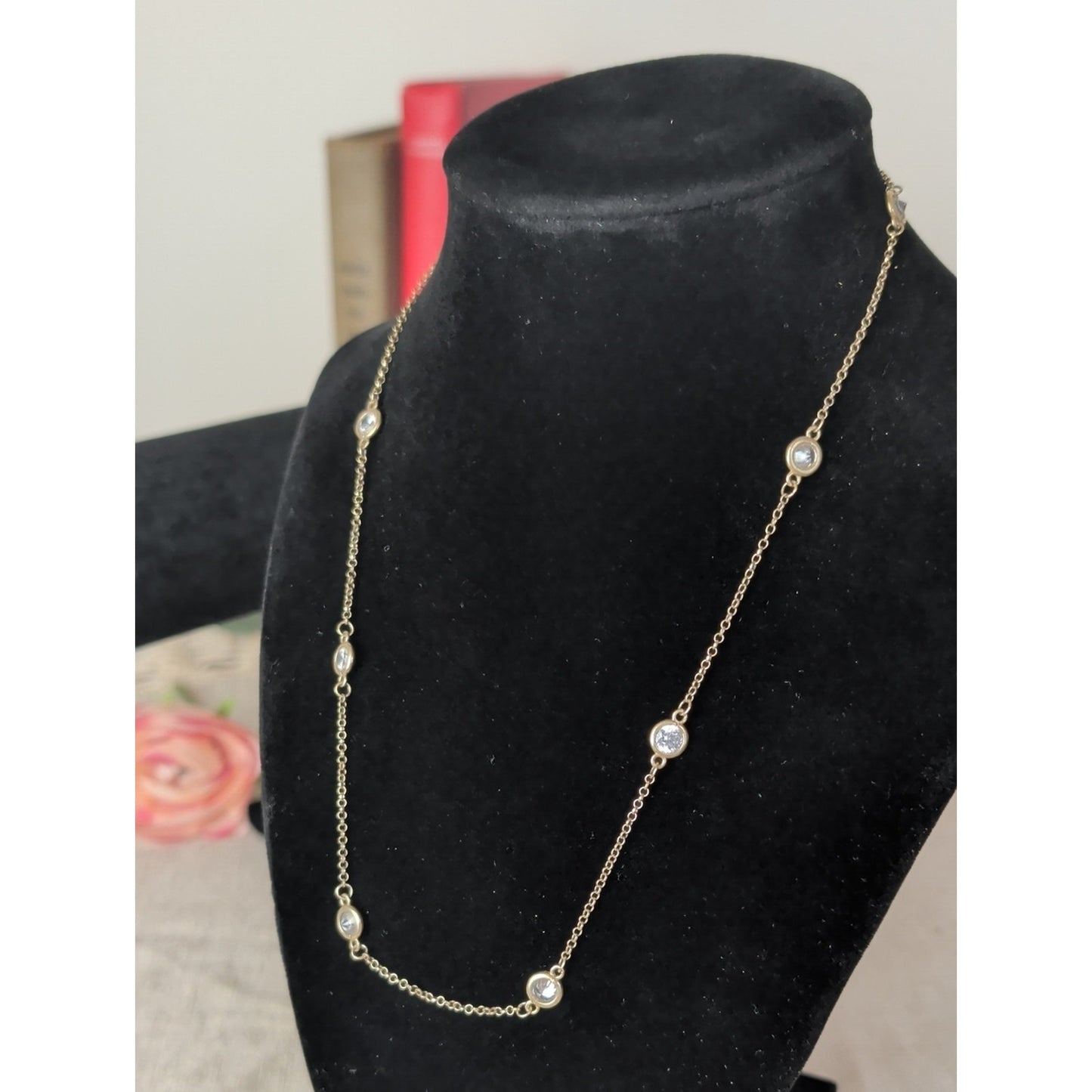 Vintage Talbot's 925 Sterling Silver Crystal Station Necklace Bezel Set Dainty
