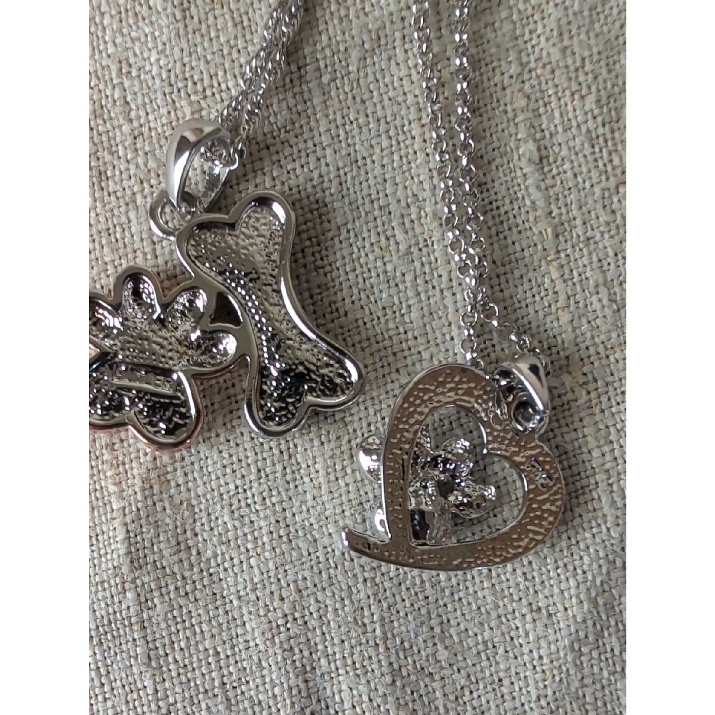 Two FAC Crystal Pet Lover Necklaces  Dog Bone, Paw Print & Heart Pendants