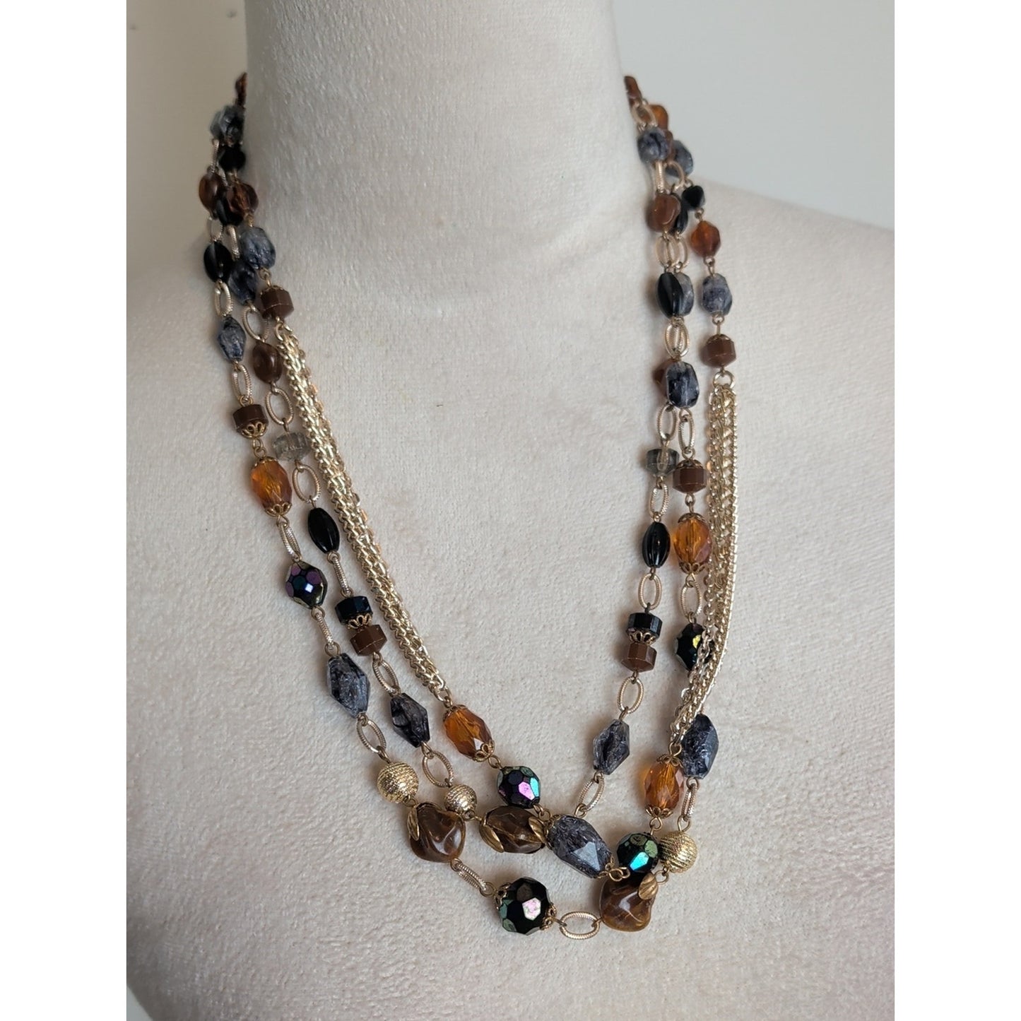 Vintage West Germany Mixed Media Statement Necklace Three Multi Layer