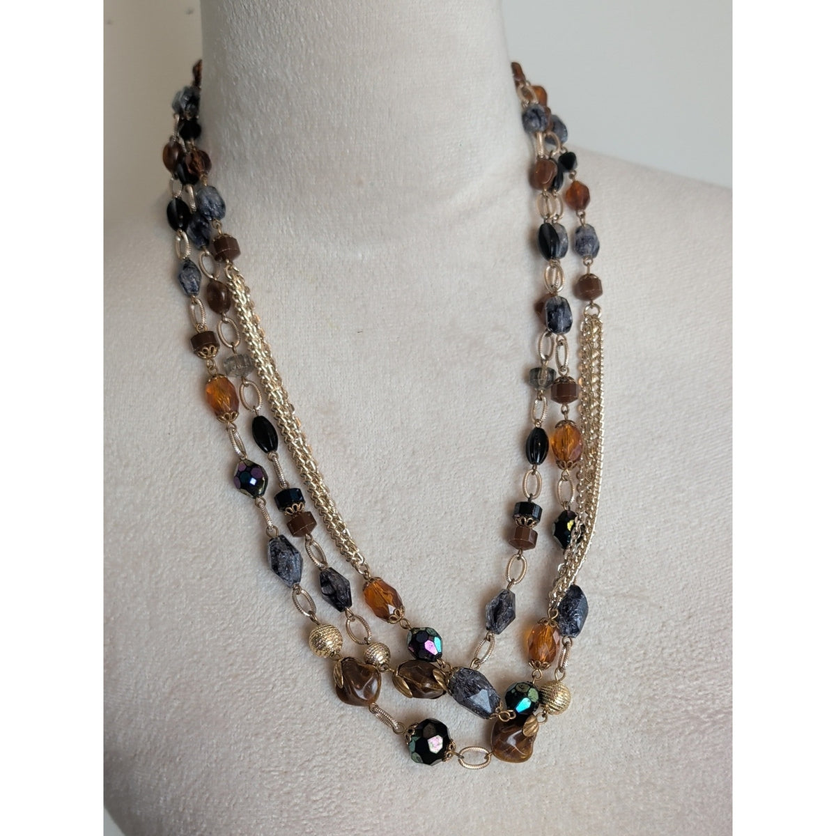 Vintage West Germany Mixed Media Statement Necklace Three Multi Layer