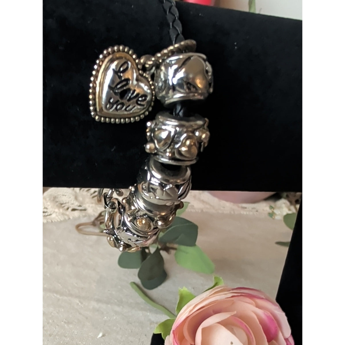 Heart Charm Bracelet Black Braided Leather European Bead Bracelet Romantic