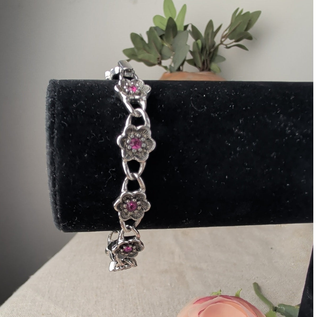 Avon Ornate Silver Tone Floral Bracelet Purple Glass Rhinestones