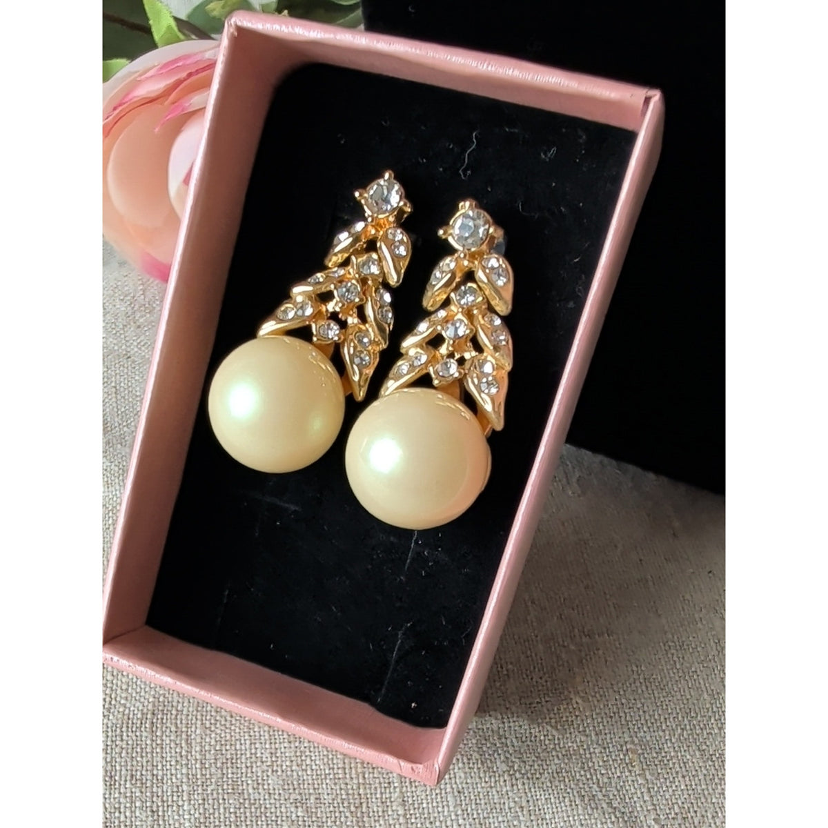 Vintage 80s 90s Faux Pearl Rhinestone Drop Earrings Gold Tone Statement Glam