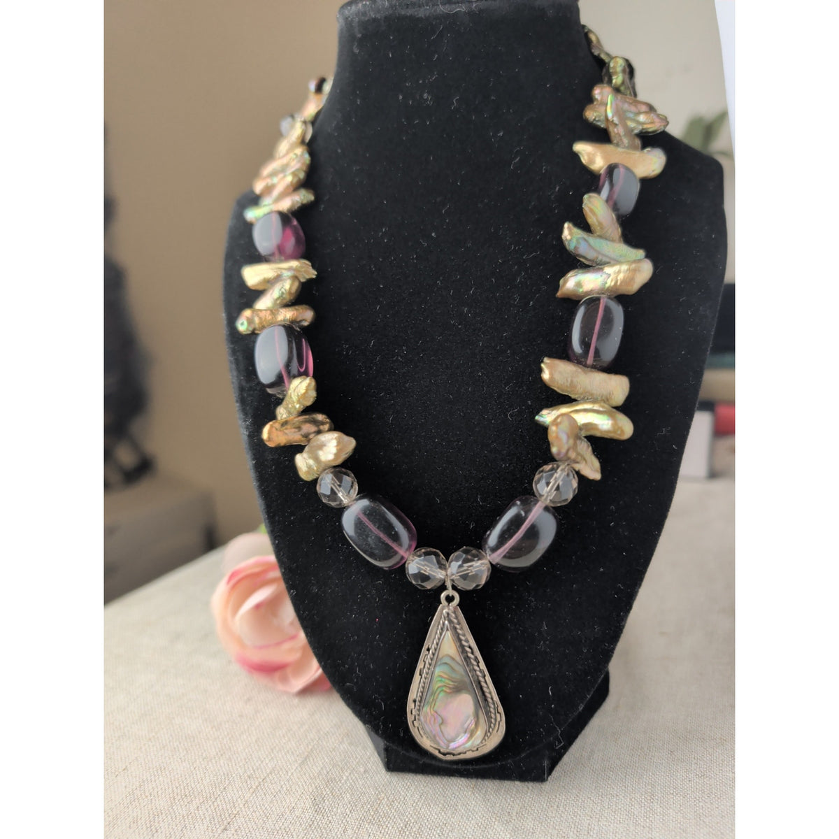 Vintage Mexican Sterling Silver Artisan Necklace, Inlay Abalone Shell Pendant, Iridescent Stick Pearl & Purple UV  Glass Beads, Signed DE 925