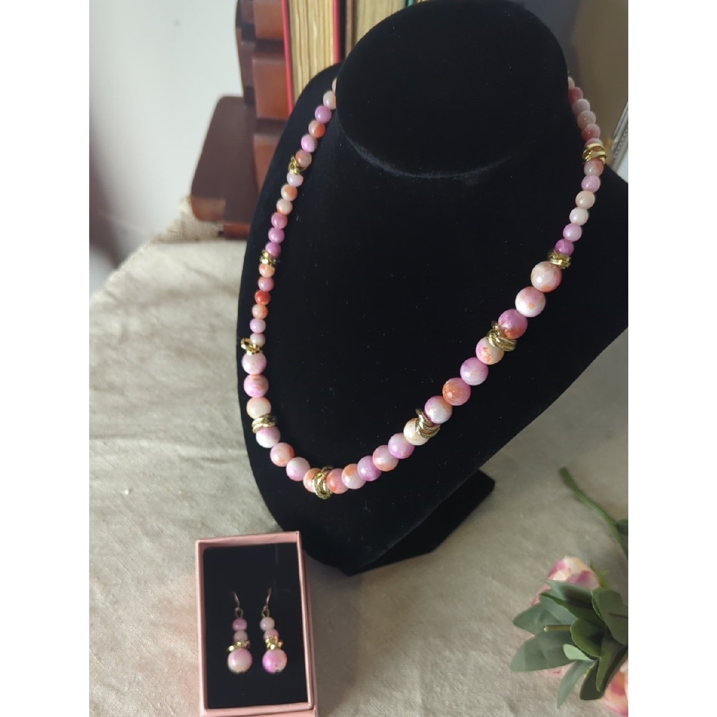 Vintage Pink Marbled Glass Bead Necklace Set Gold Accent Soft Glam Coquette Girl