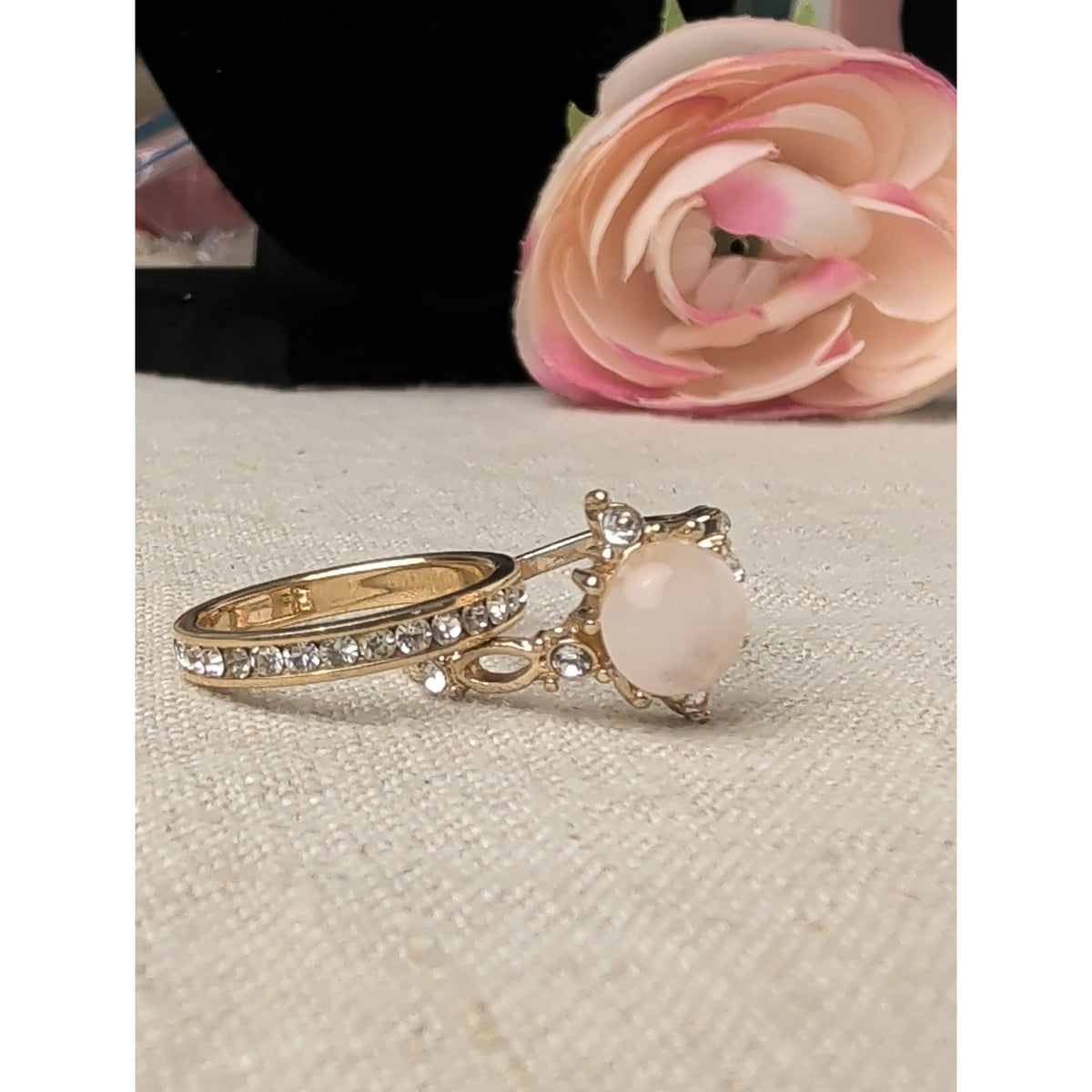 Pink Quartz Gold Tone Glass Rhinestone Ring Set Princess Storybook Size 7