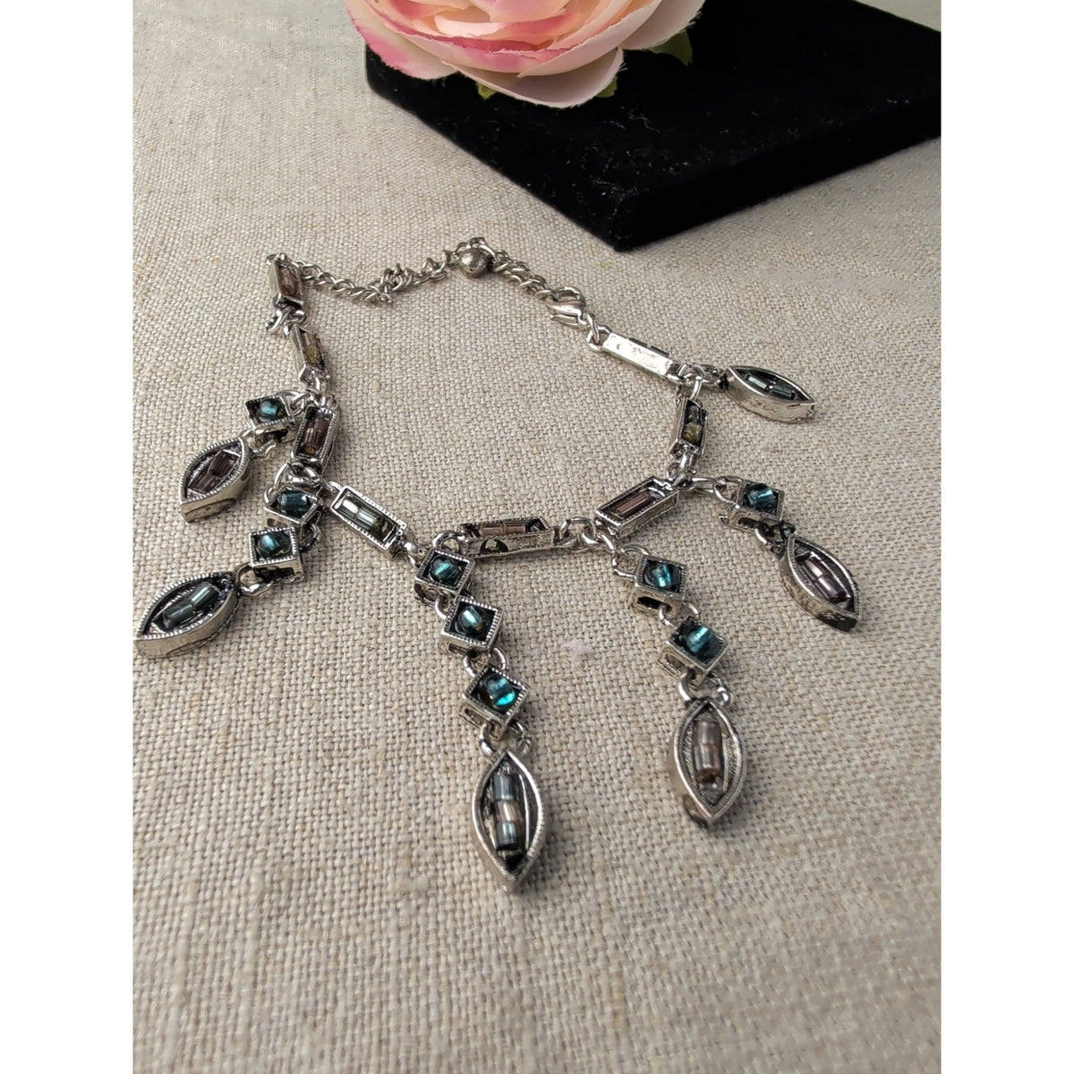 Art Deco Revival Dangle Drop Bracelet Marquise & Square Rhinestones Cascading