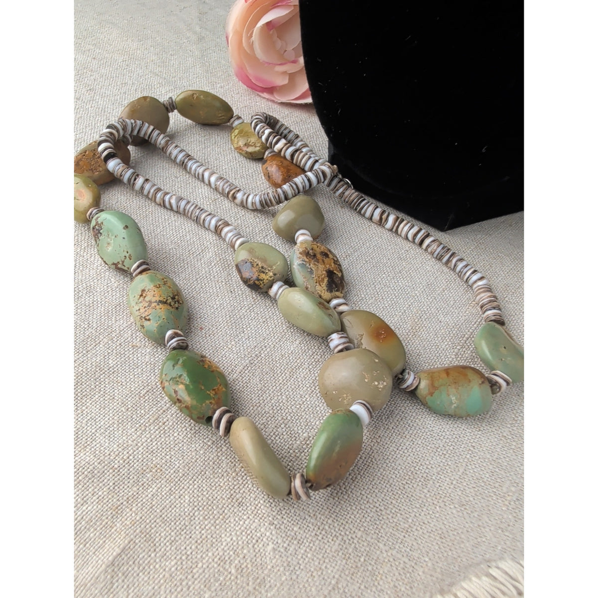 Vintage Navajo Royston Green Turquoise Nugget Shell Heishi Necklace 74g 29"