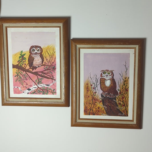 Vintage 1992 Owl Painting Set Papa & Mama Owl Acrylic Art Folk Woodland Cottage