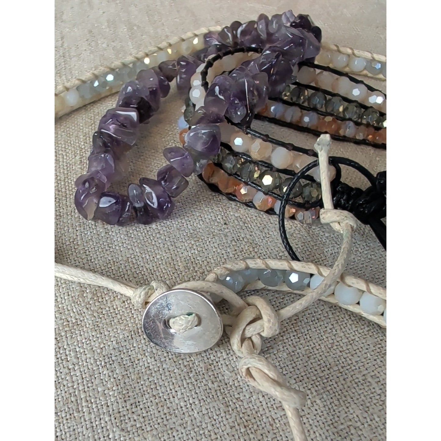 Amethyst Gemstone & Crystal Glass Bracelet Stack Boho Wrap Set of 3