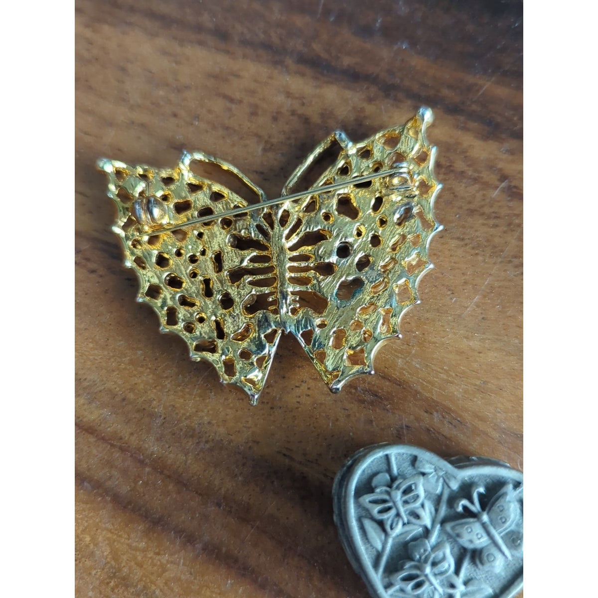 Vintage Butterfly Brooch Set 90s Enamel Rhinestone Butterflies Heart Trinket Box