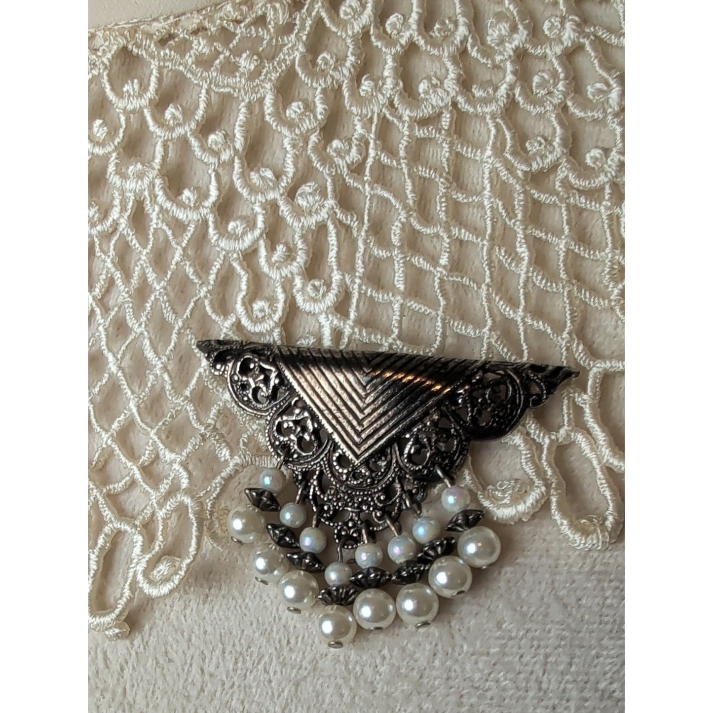 Vintage 90's Filigree Faux Pearl Dangle Brooch Antiqued Tone Victorian Revival