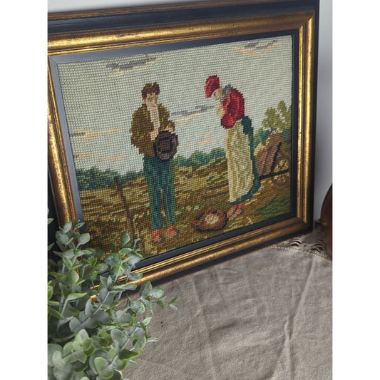 1960s Vintage Handmade Needlepoint Prayerful Farm Couple After Artist Millet