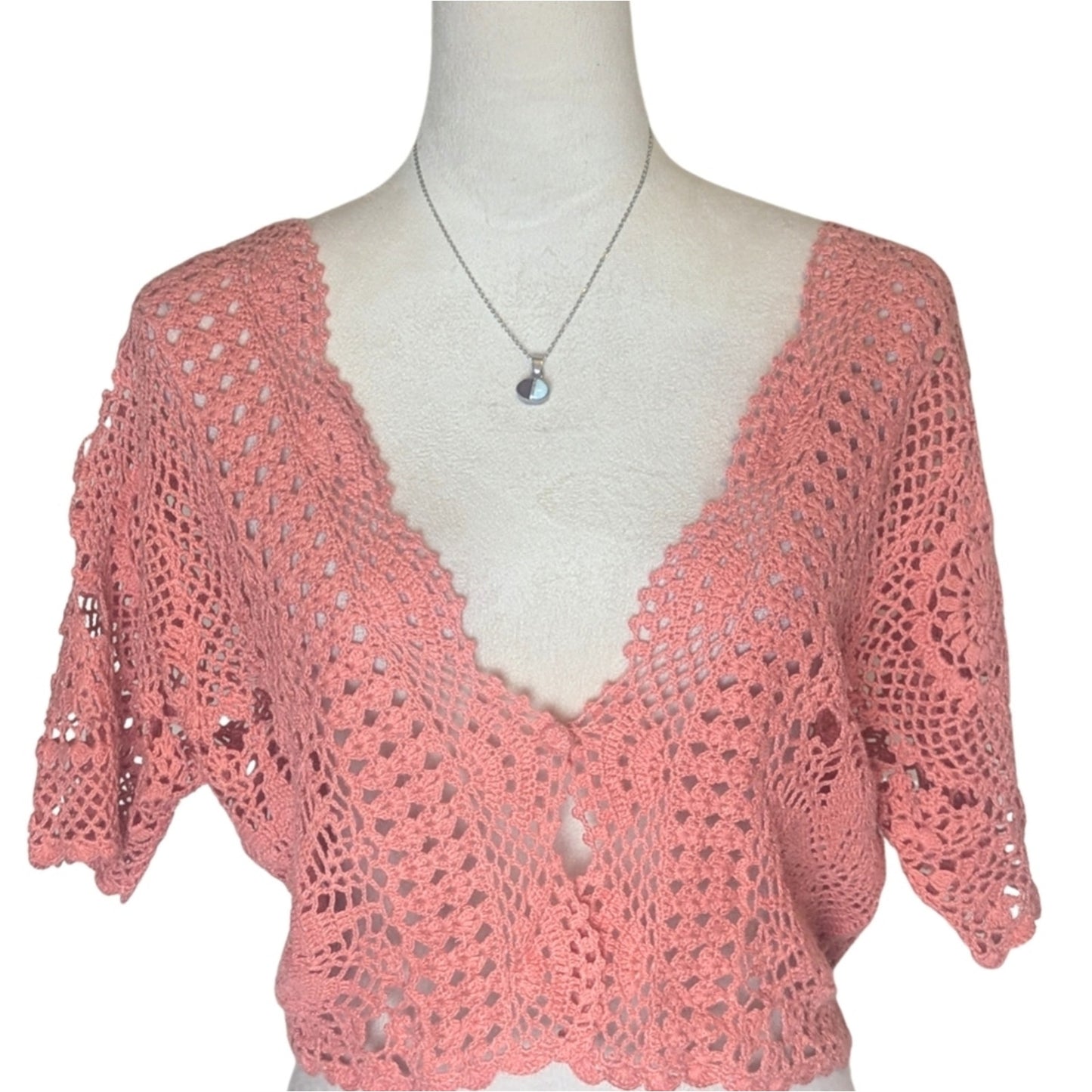 Vintage Crochet Cardigan Top Cropped Open Knit Dusty Rose Romantic Coquette