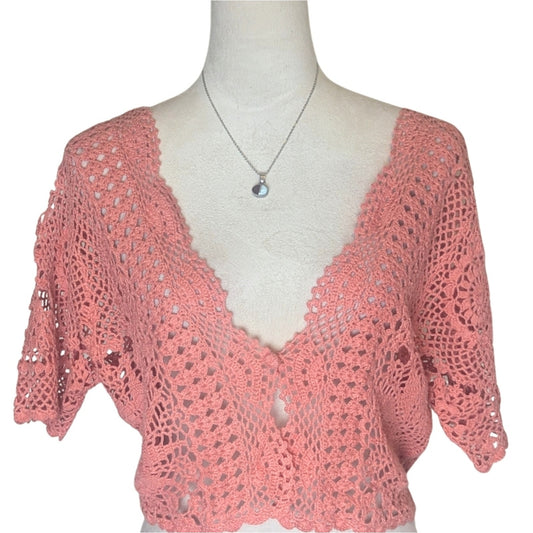 Vintage Crochet Cardigan Top Cropped Open Knit Dusty Rose Romantic Coquette