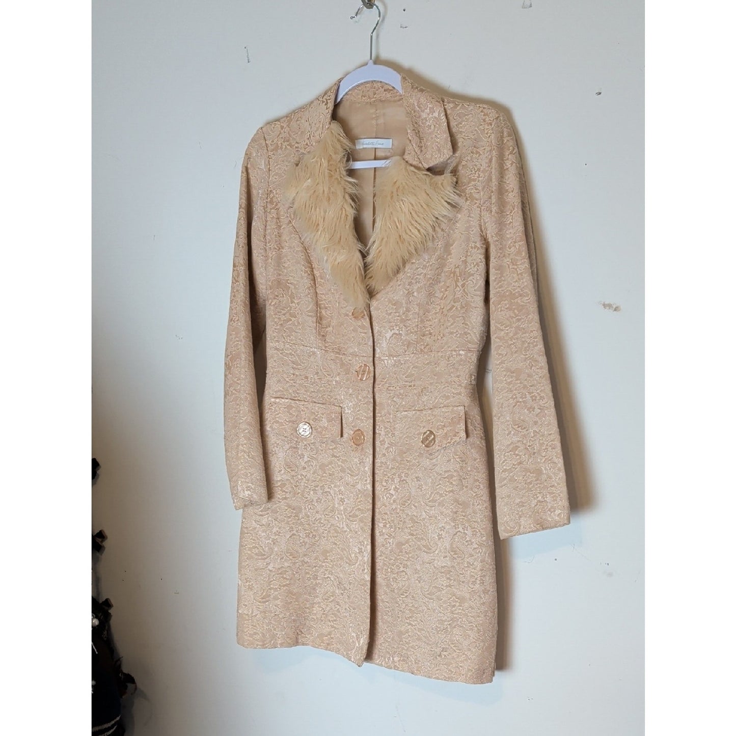Y2K Cream Brocade Faux Fur Coat  Coquette McBling Holiday Glam Jacket
