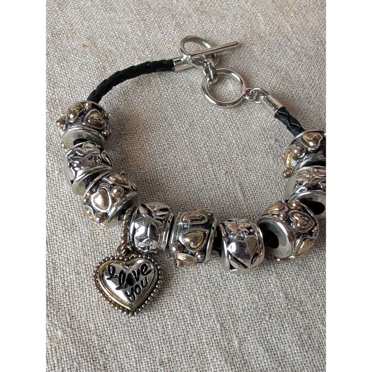 Heart Charm Bracelet Black Braided Leather European Bead Bracelet Romantic