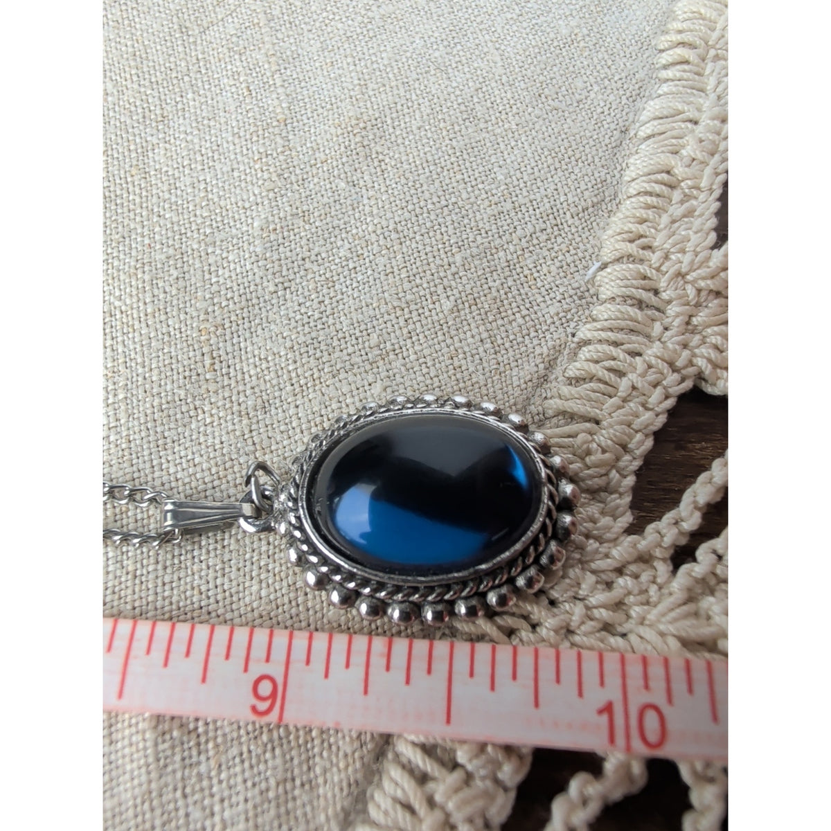 Vintage Silver-Tone Dead Mood Ring & Necklace Set Size 7, Dead Mood Stone Stuck on Deep Blue Cobalt Boho Gothic Cabochon Jewelry Set 20" Chain