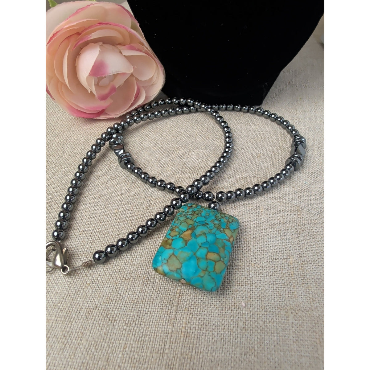 Natural Hematite With Dyed Howlite Crackled Turquoise Pendant  Necklace