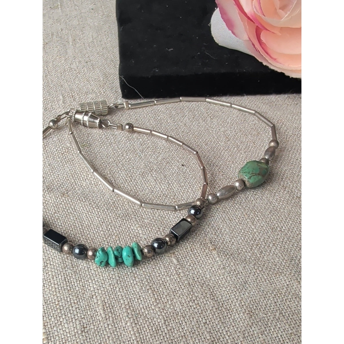 Sterling Silver Turquoise Hematite Bracelet Set Southwestern Stack Natural Stone