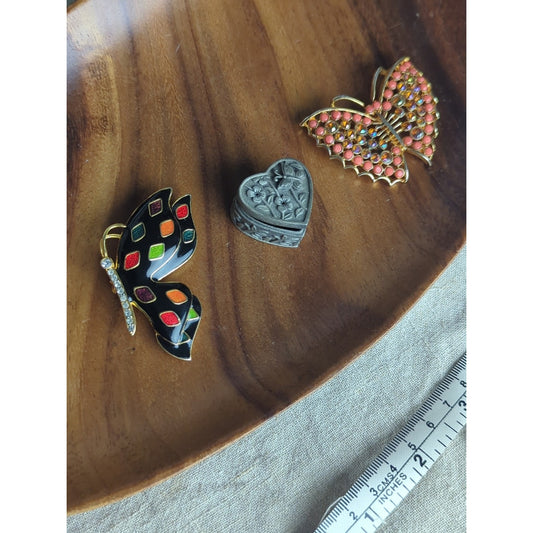 Vintage Butterfly Brooch Set 90s Enamel Rhinestone Butterflies Heart Trinket Box