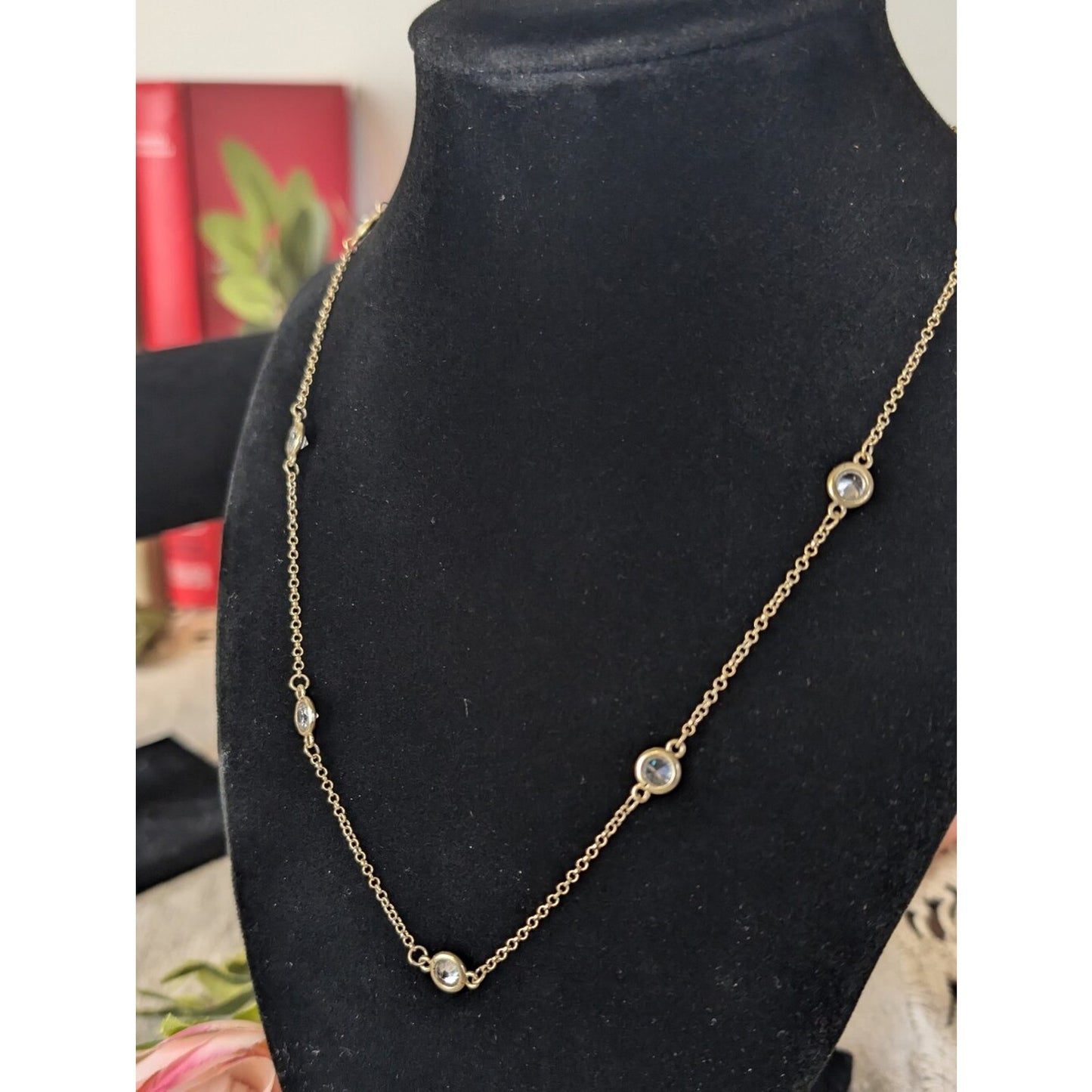 Vintage Talbot's 925 Sterling Silver Crystal Station Necklace Bezel Set Dainty