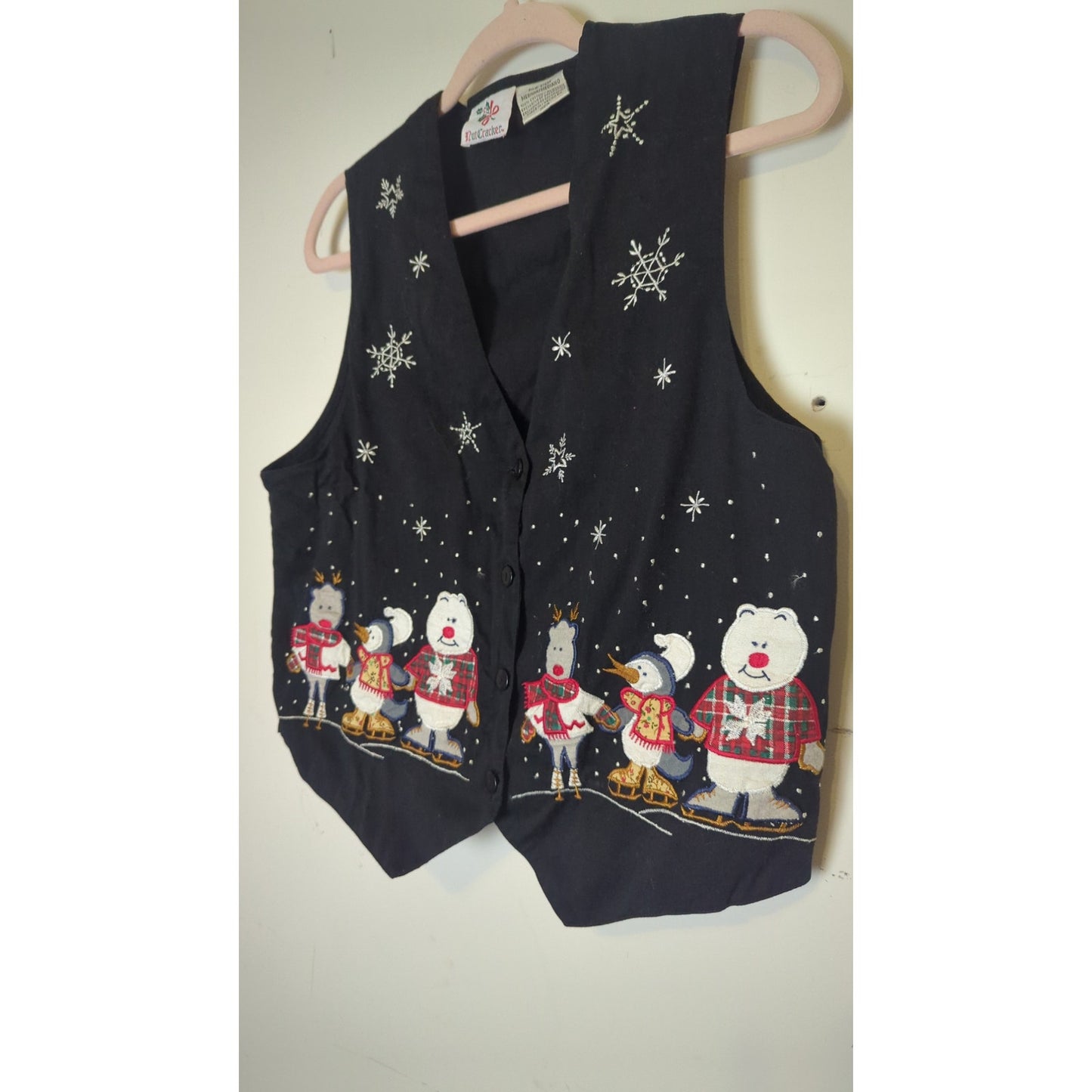 Nostalgic Vintage Winter Festival Embroidered Patchwork Holiday Vest Women's Med.