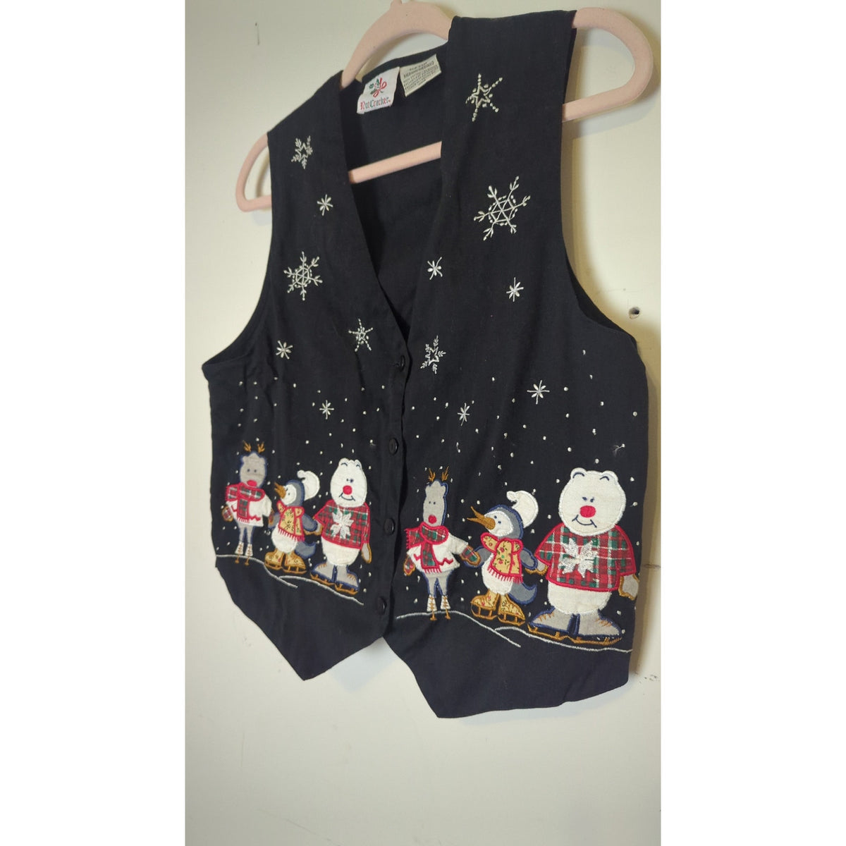 Nostalgic Vintage Winter Festival Embroidered Patchwork Holiday Vest Women's Med.