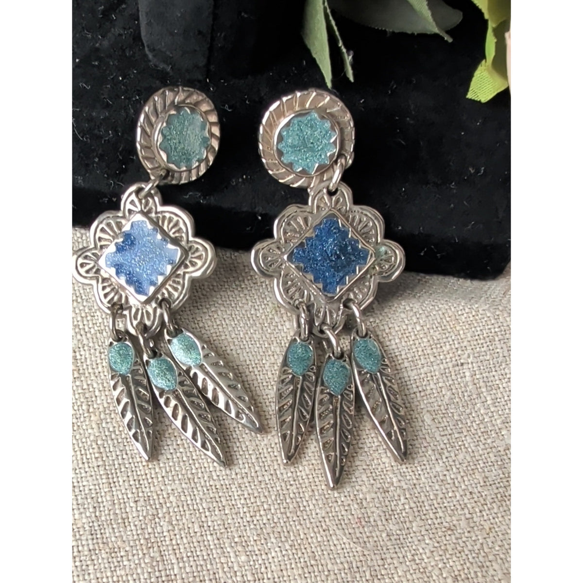 Vintage Edgar Berebi Signed Blue Enamel Feather Dangle Earrings Boho Statement
