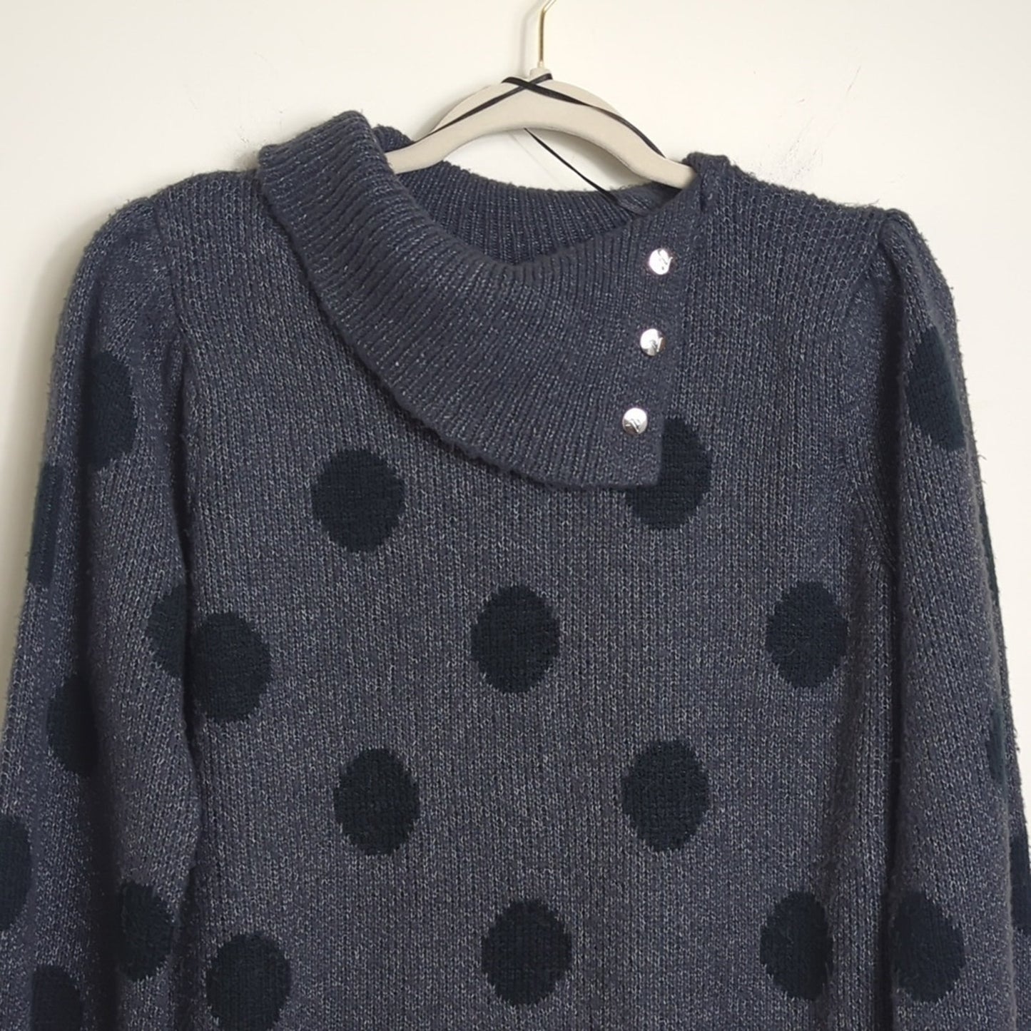 Gray and Black Polka Pullover Sweater Balloon Sleeves Women's XL