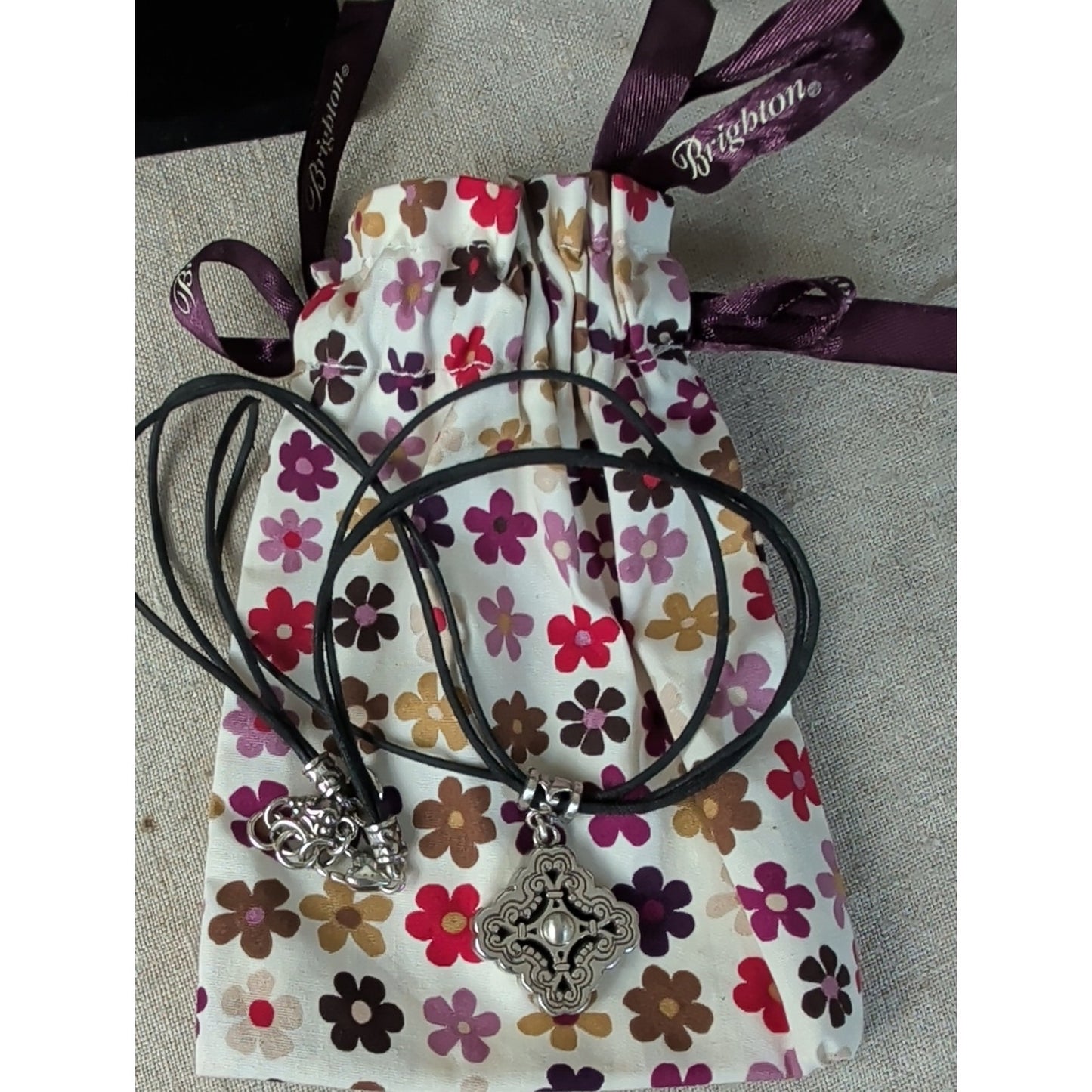 Brighton Silver Plated Scroll Pendant Black Cord Necklace + Floral Pouch