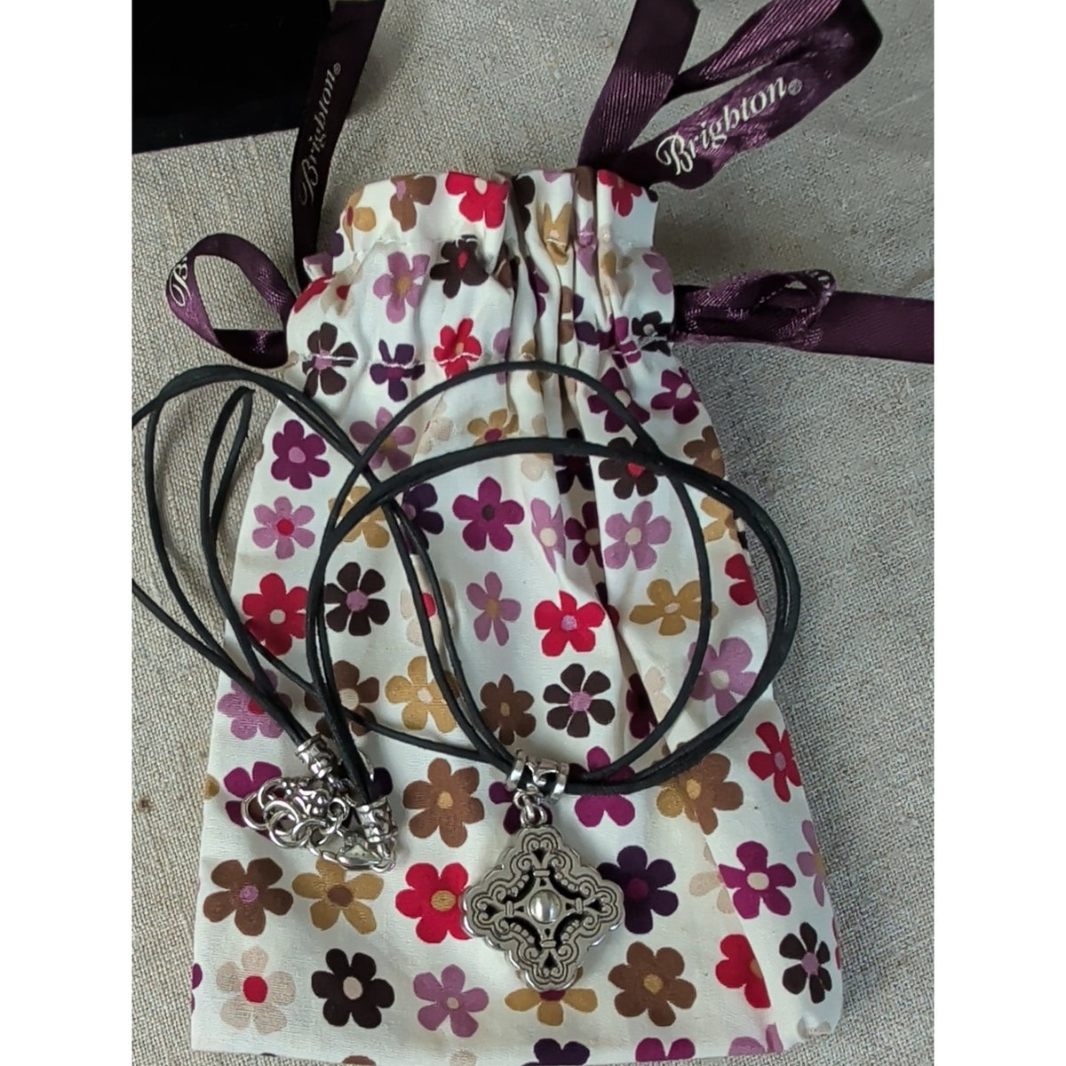 Brighton Silver Plated Scroll Pendant Black Cord Necklace + Floral Pouch