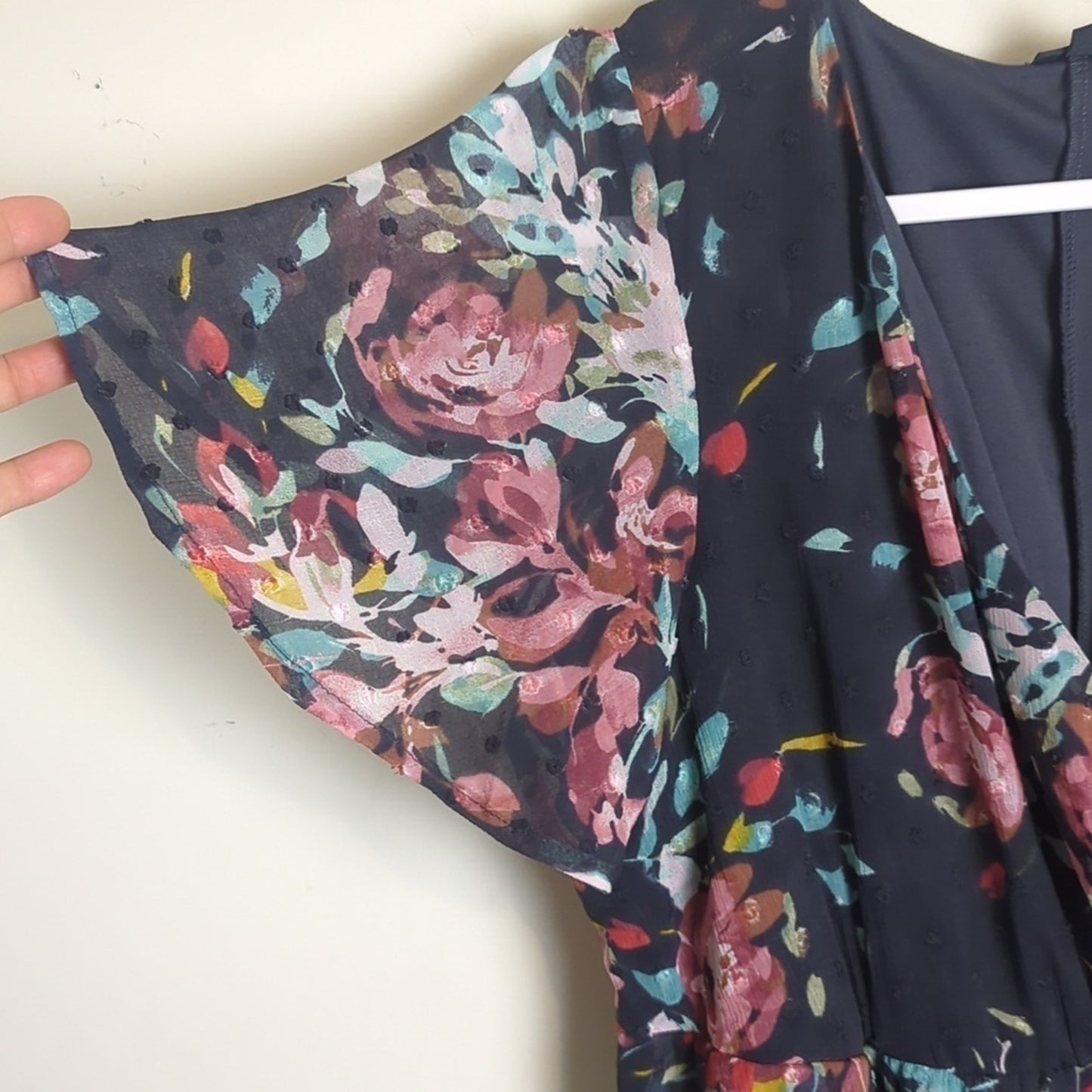 Dark Romantic Faux Wrap Dress High-Low Swiss Dot Floral Dark Grey Size M/L