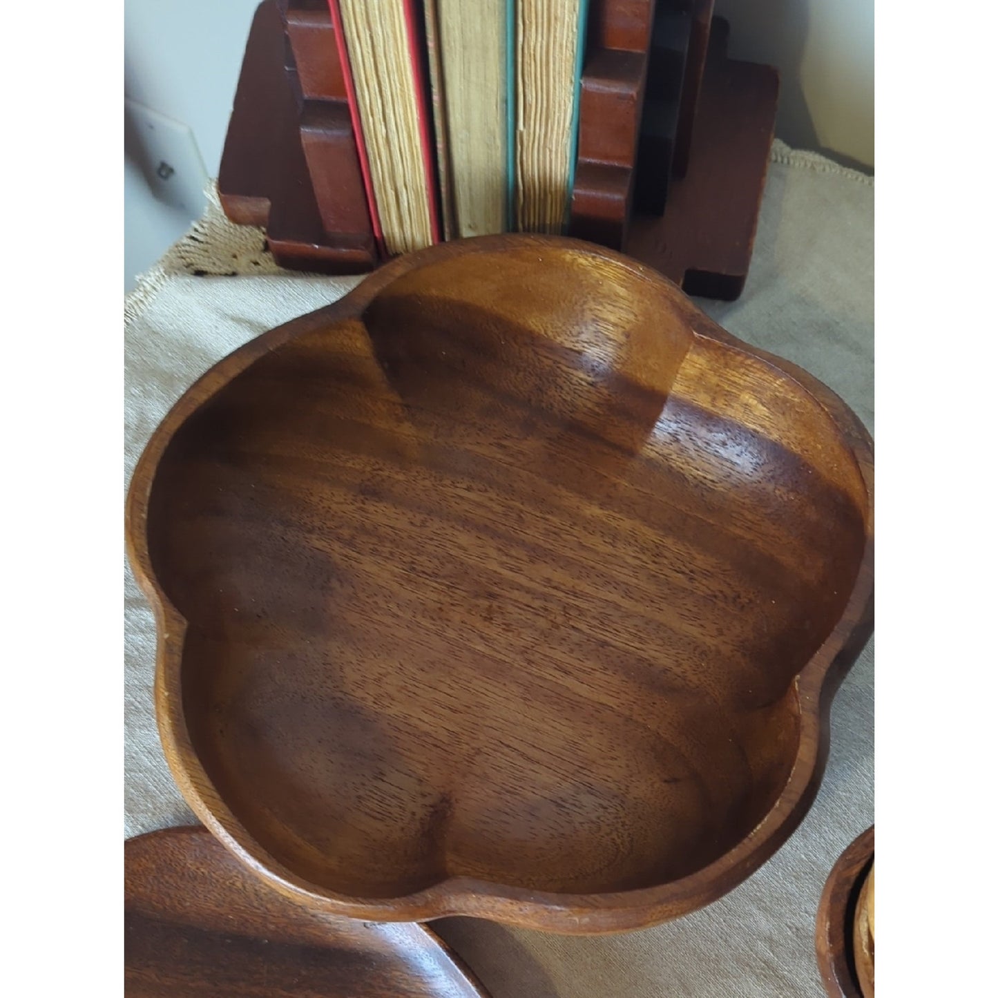 Vintage Monkey Pod Wood Serving Set 6 Pc Hand Carved Bowls + Platter