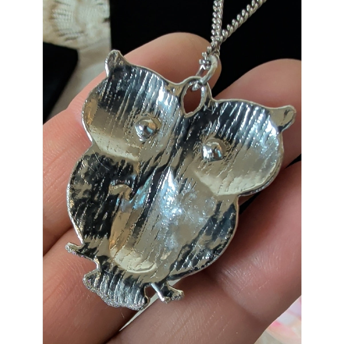 Vintage Black Enamel Owl Pendant Necklace Large 2" Rhinestone Glass Crystal