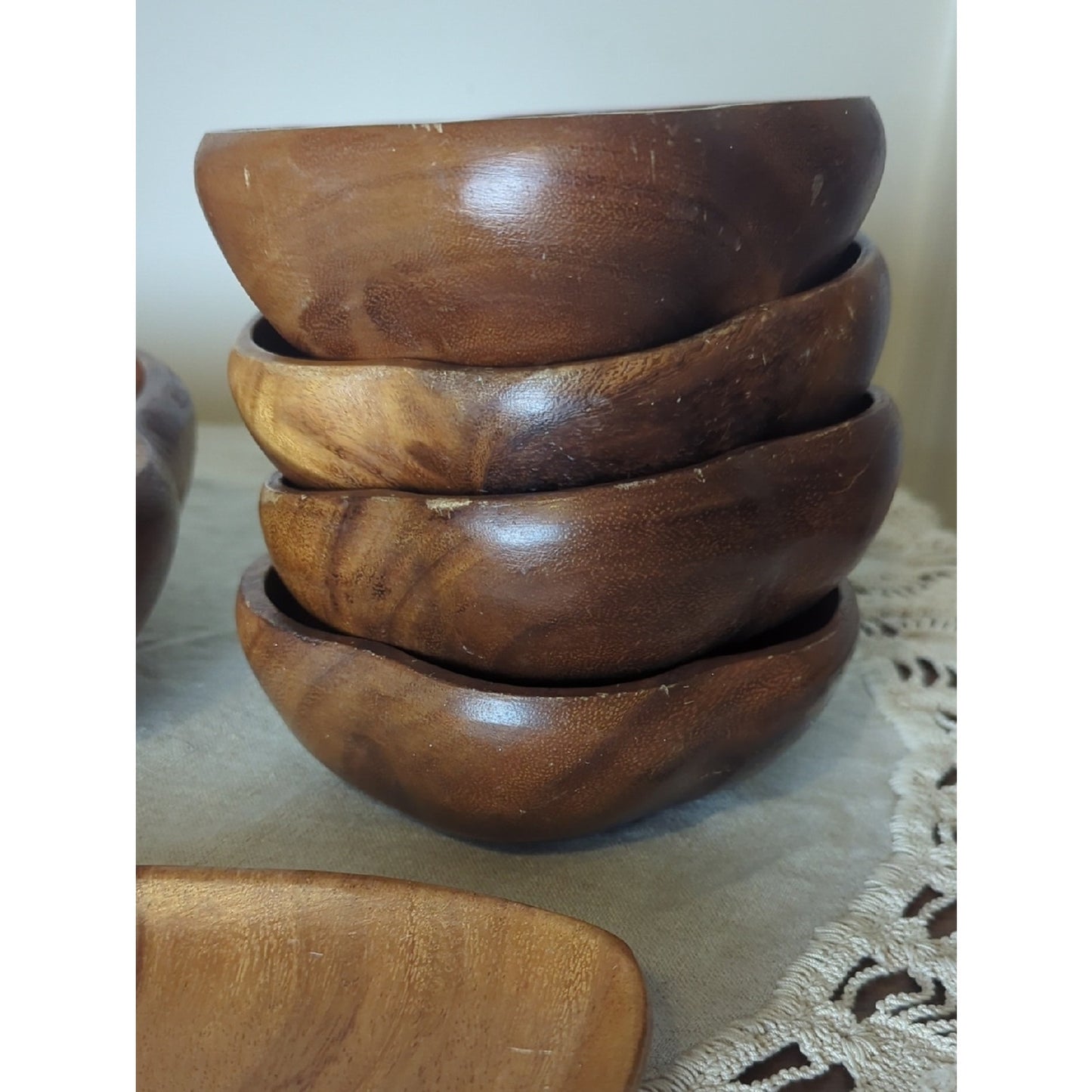 Vintage Monkey Pod Wood Serving Set 6 Pc Hand Carved Bowls + Platter