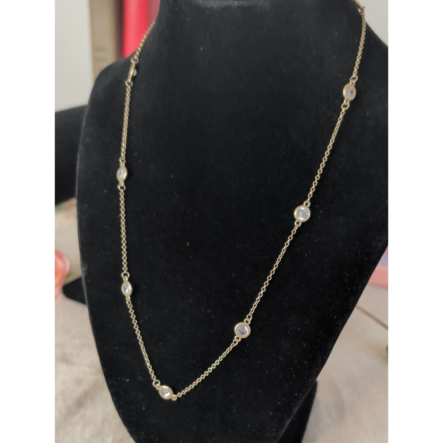 Vintage Talbot's 925 Sterling Silver Crystal Station Necklace Bezel Set Dainty