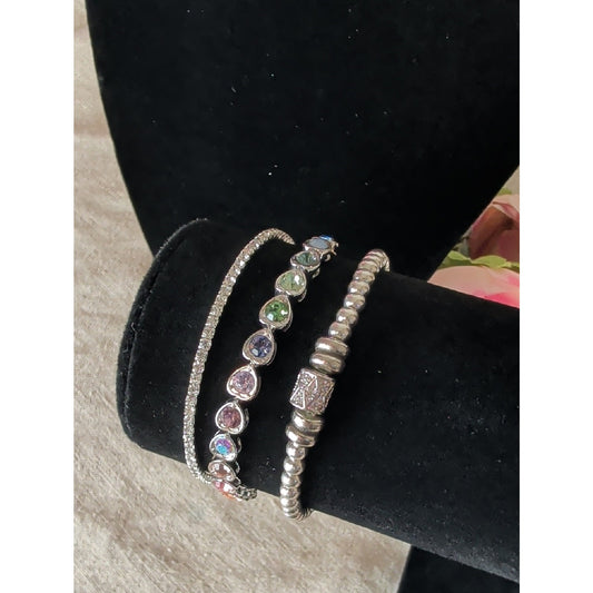 Y2K Pastel Rainbow Heart Bracelet Set  Layered Silver Glam Stack