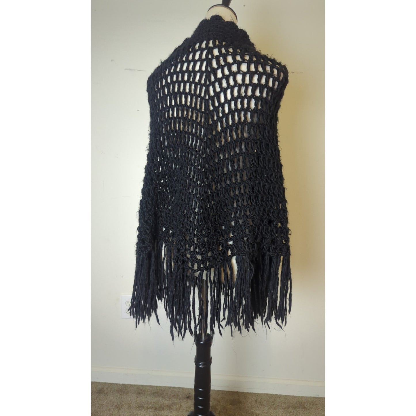 Fairy Grunge Black Open Knit Fringe Poncho Women's Medium